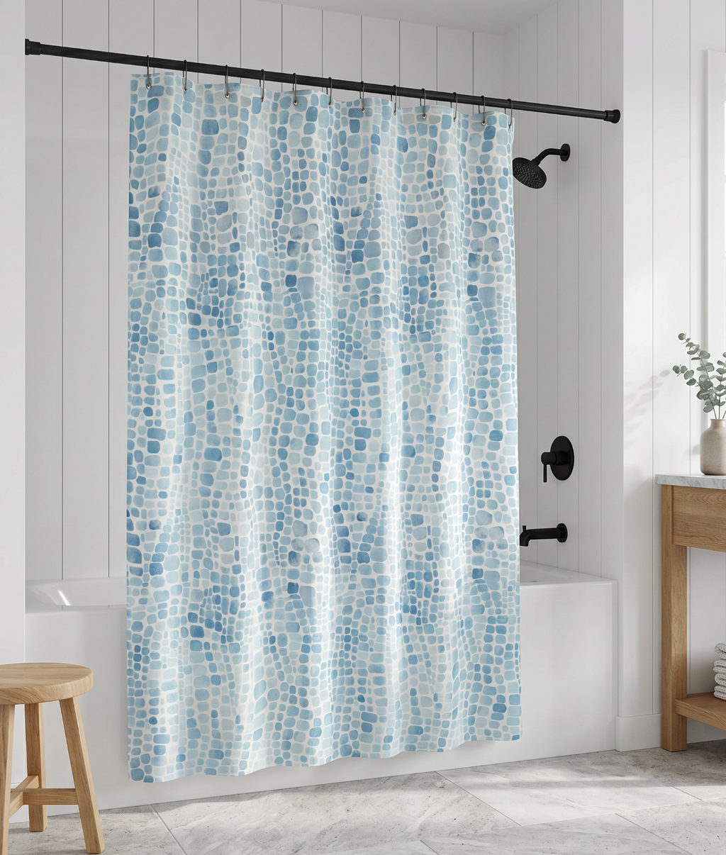 blue seaglass pattern shower curtain for a coastal beach house bathroom