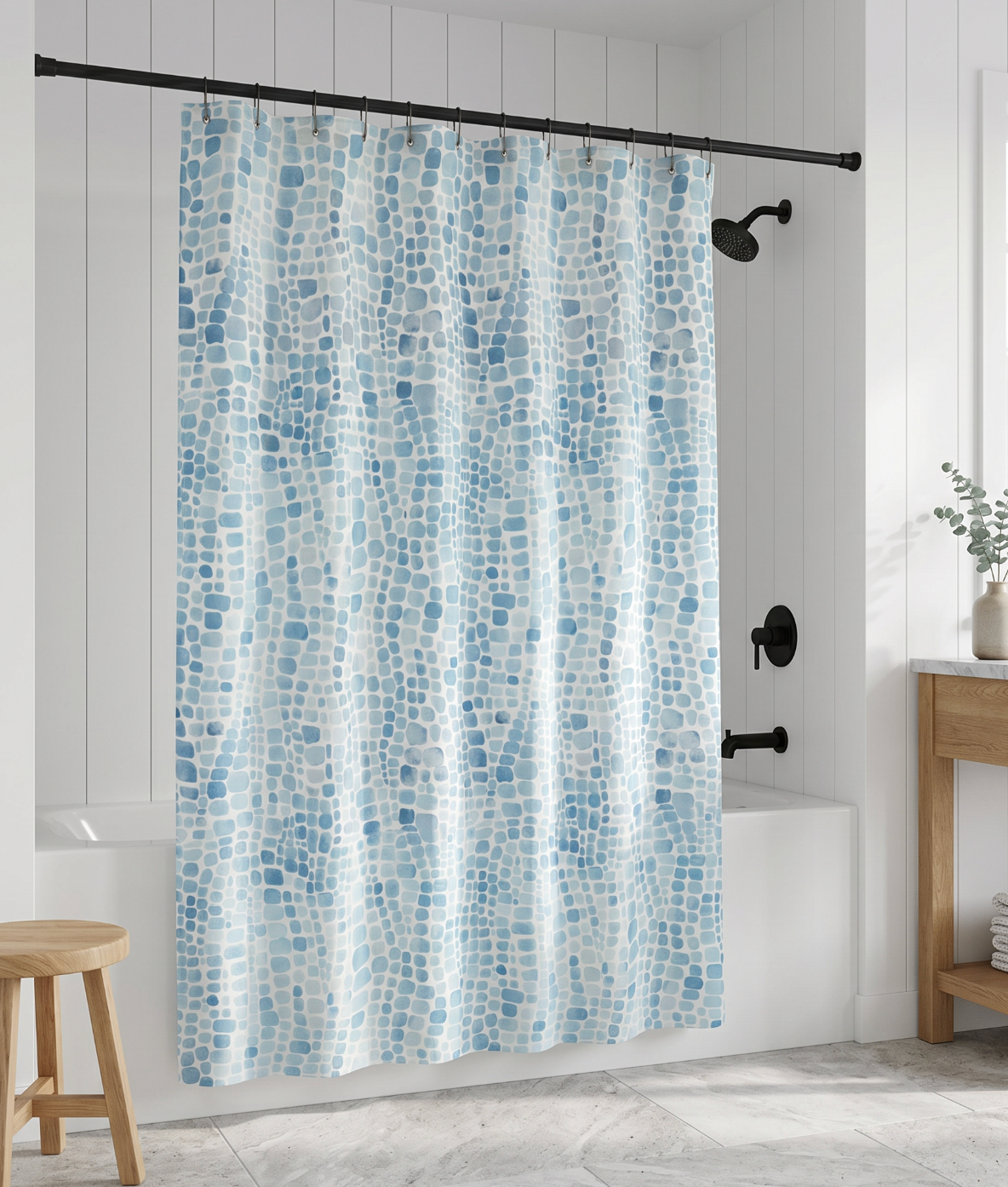 blue seaglass pattern shower curtain for a coastal beach house bathroom