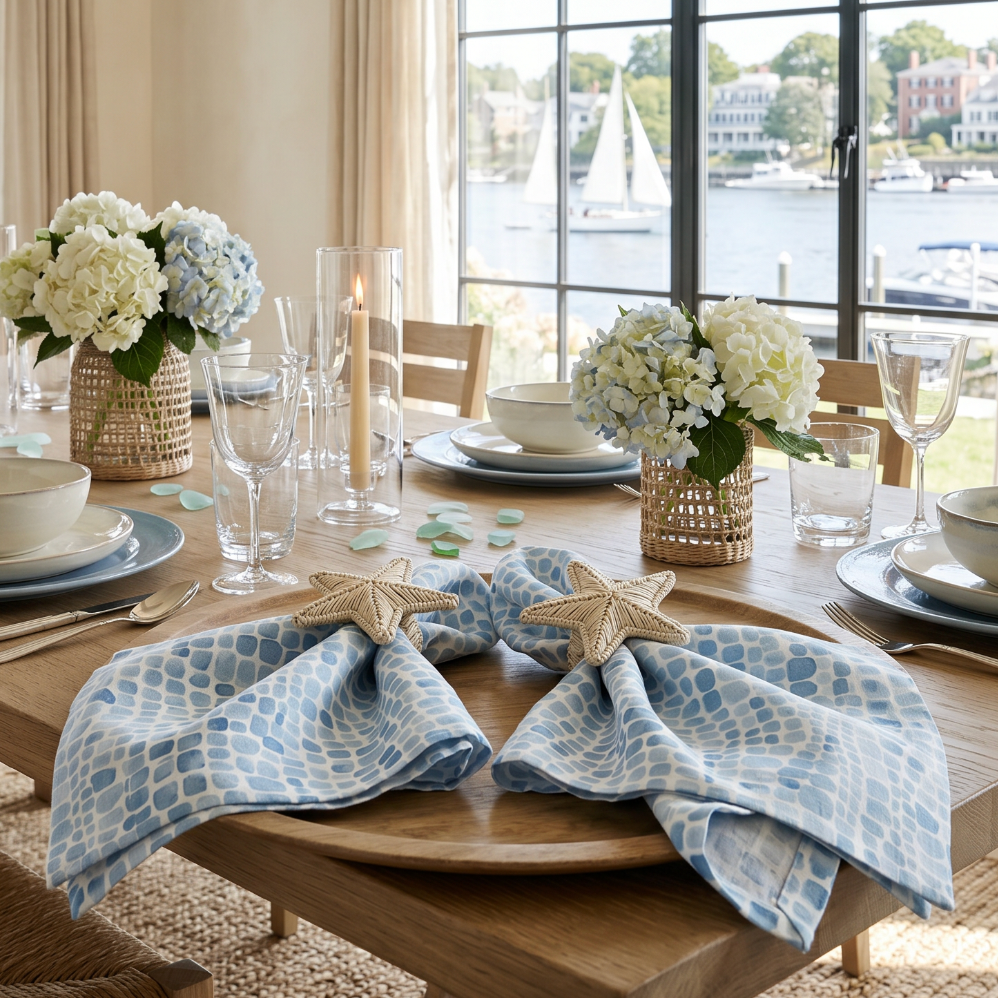 Blue seaglass motif linen dinner napkins, set of 4, for nautical and coastal table decor