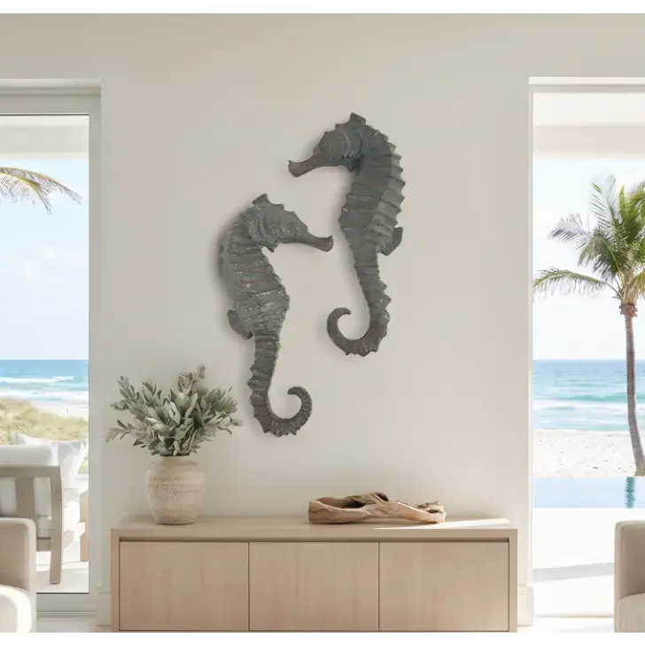 Decorative coastal wall art with seahorse motif