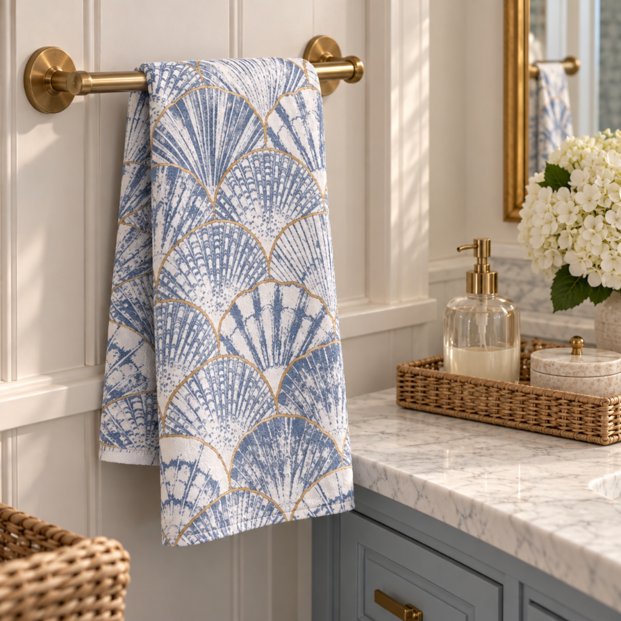Blue seashell hand towel for a beach house bathroom