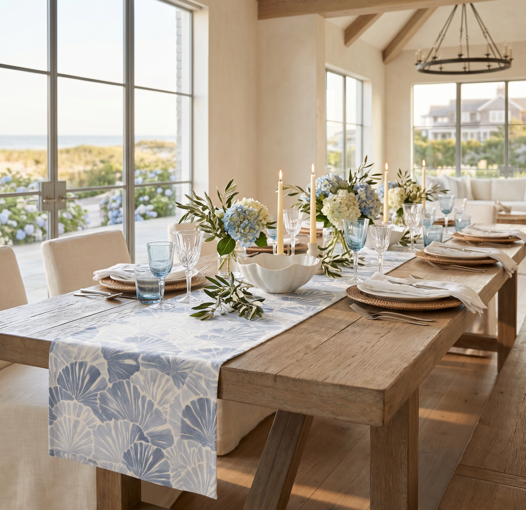 Light blue and white shell pattern table runner on a natural wood dining table in a coastal dining room with ocean view.
