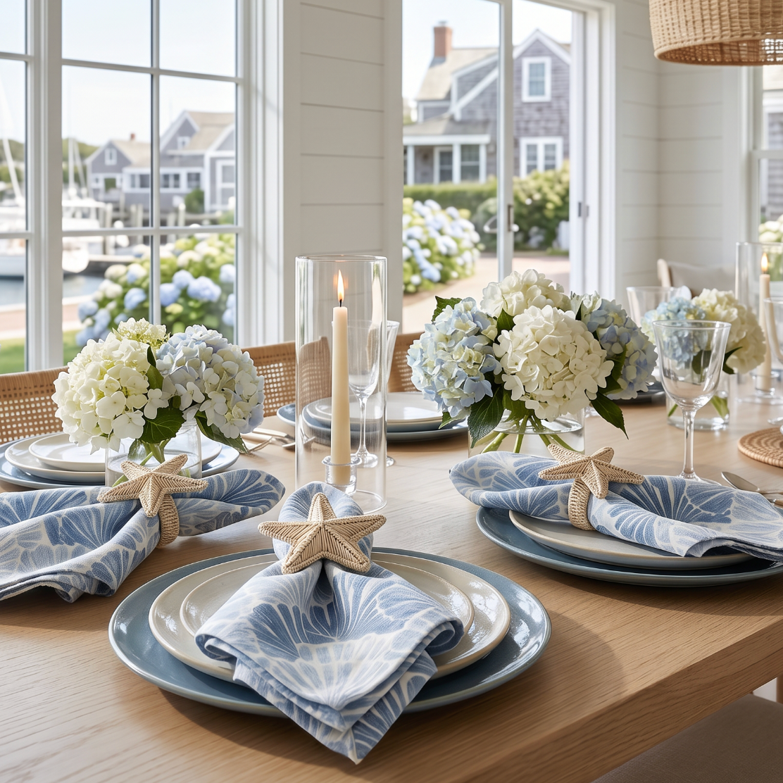 Blue shell pattern linen cloth napkins, set of four, arranged in a coastal beach house style.