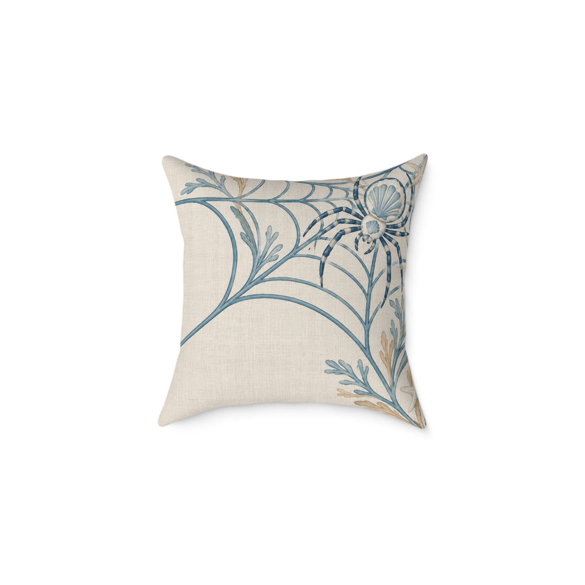 Blue spider and seaweed web throw pillow with a refined ocean-inspired Halloween design