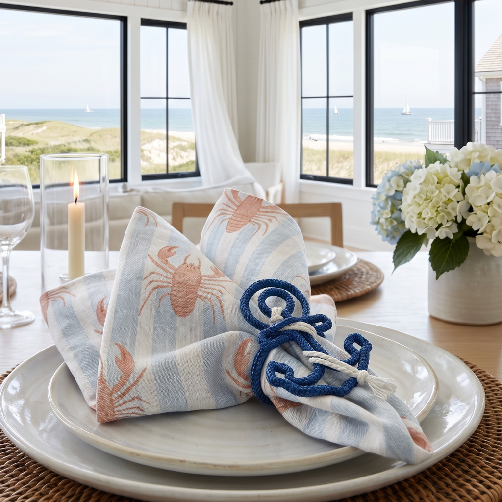 Blue stripe lobster linen napkin styled with an anchor napkin ring for a beach house seafood dinner place setting