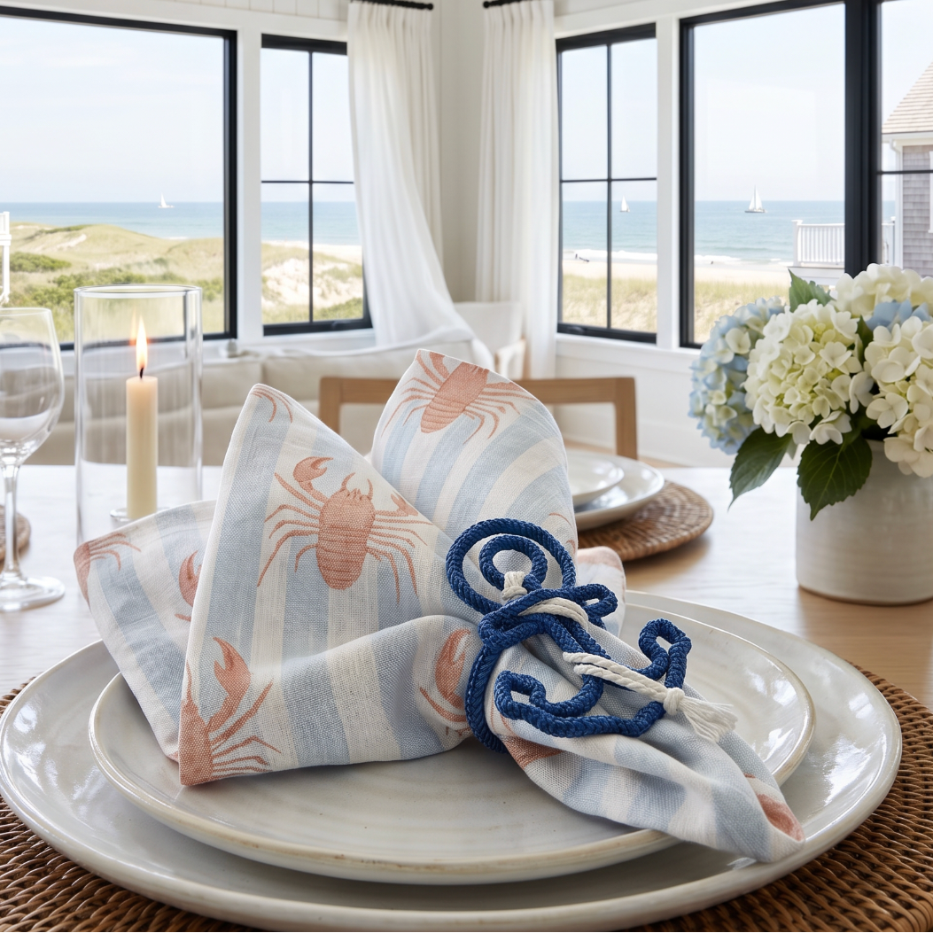 Blue stripe lobster linen napkin styled with an anchor napkin ring for a beach house seafood dinner place setting