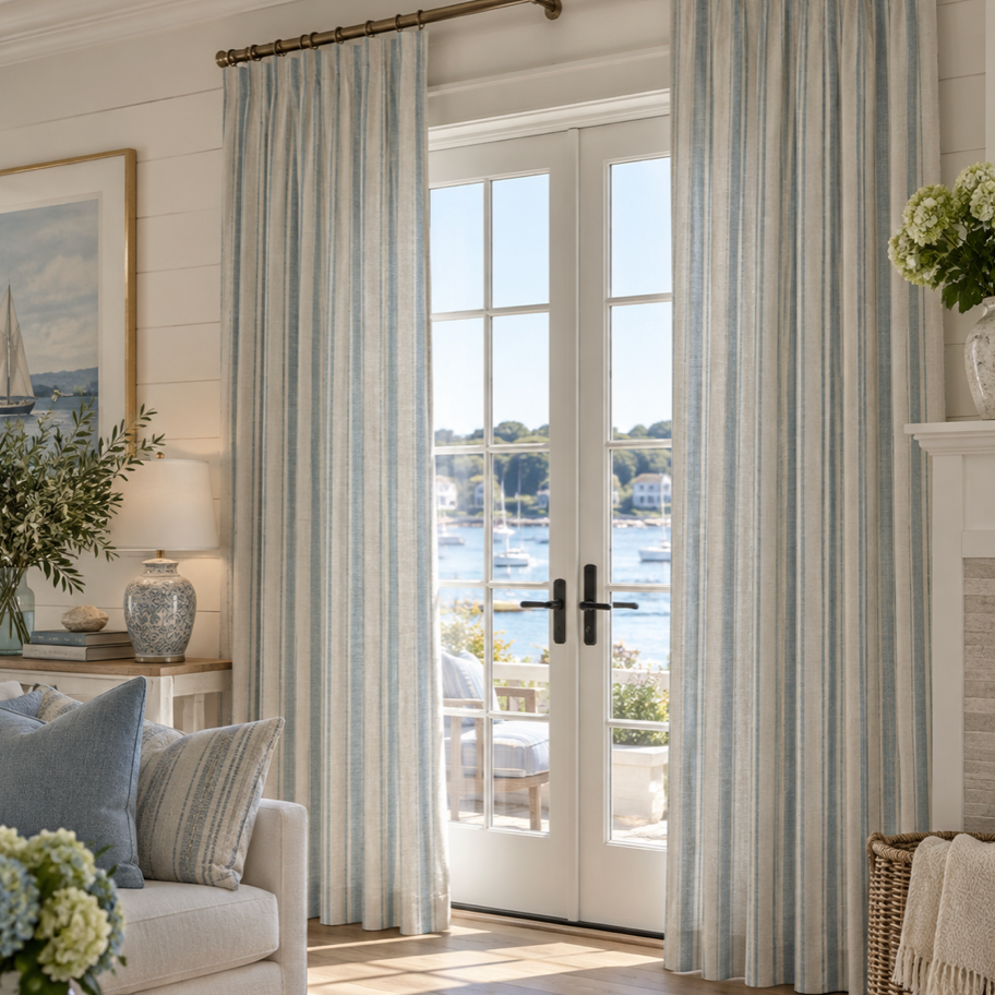 Blue striped coastal window curtains in a muted blue and warm ivory palette