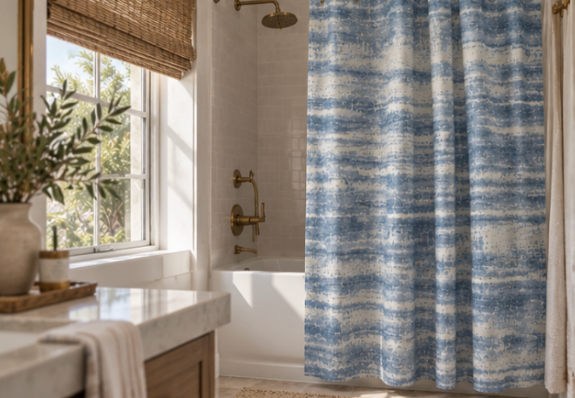 Blue striped shower curtain for nautical coastal bathroom decor