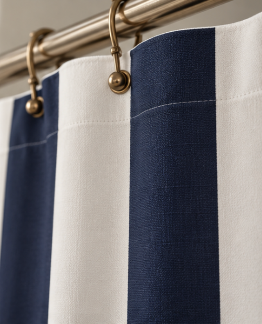 Blue and tan striped shower curtain for coastal home bathroom decor