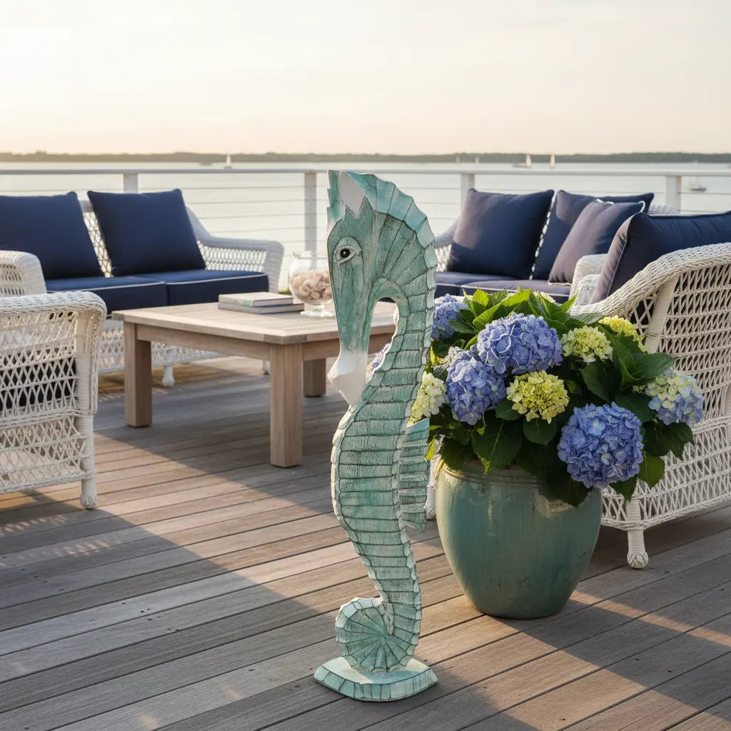 Hand-Carved Seahorse Coastal Wood Sculpture in teal beside a turquoise vase with blue hydrangeas on a deck.