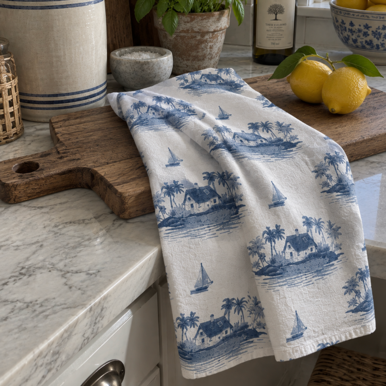Blue toile tea towel for a coastal traditional kitchen