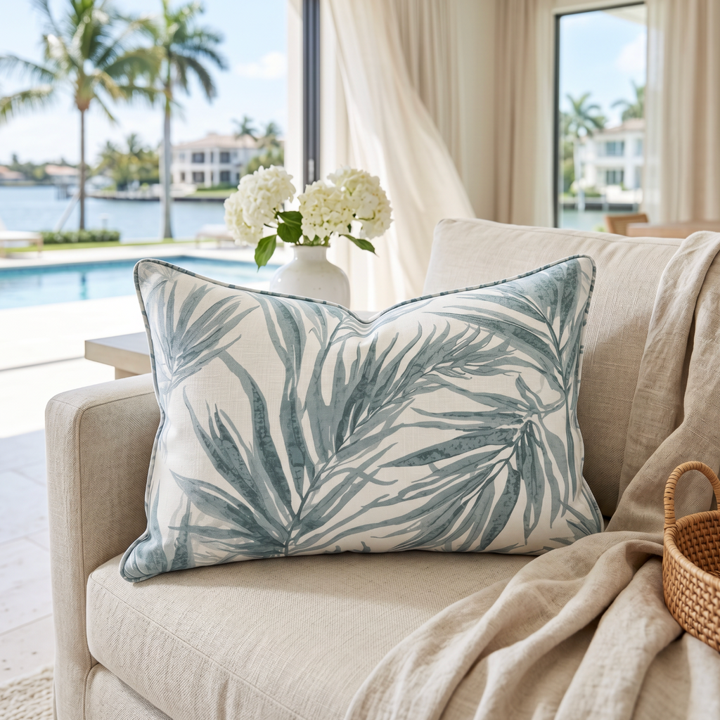 Blue tropical palm print lumbar pillow styled on a cream couch in a beach house living room