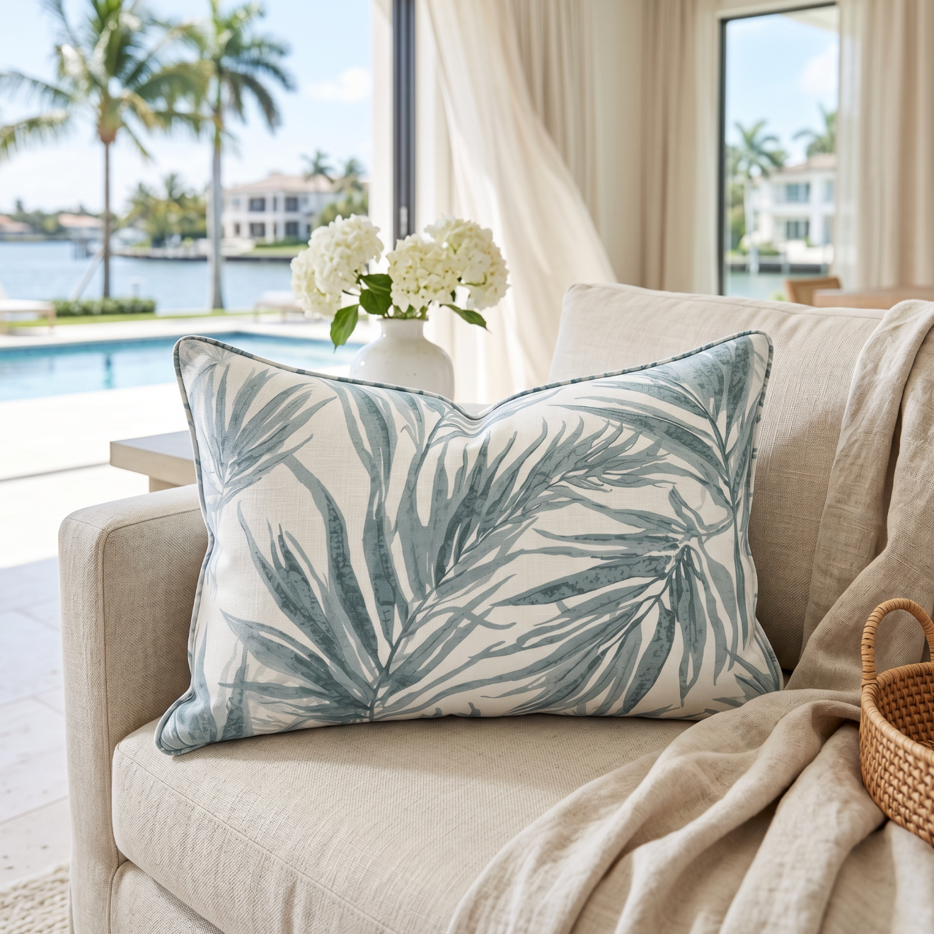 Blue tropical palm print lumbar pillow styled on a cream couch in a beach house living room