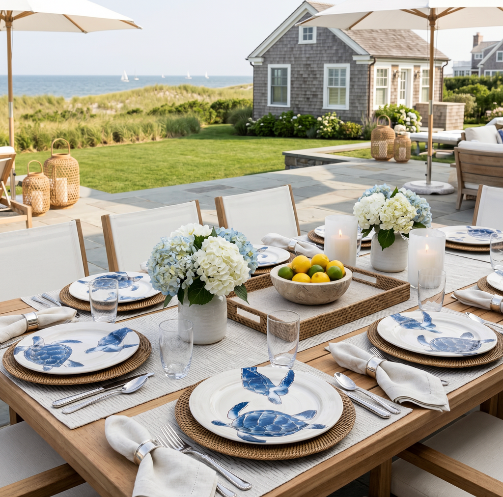 Blue turtle melamine plates for beach house, patio, or everyday table settings.