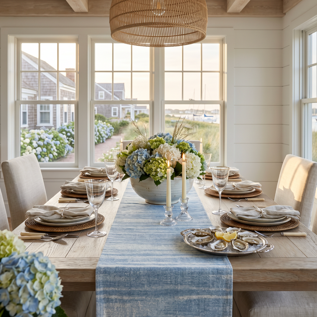 blue washed stripe table runner styled for a beach house coastal dining room