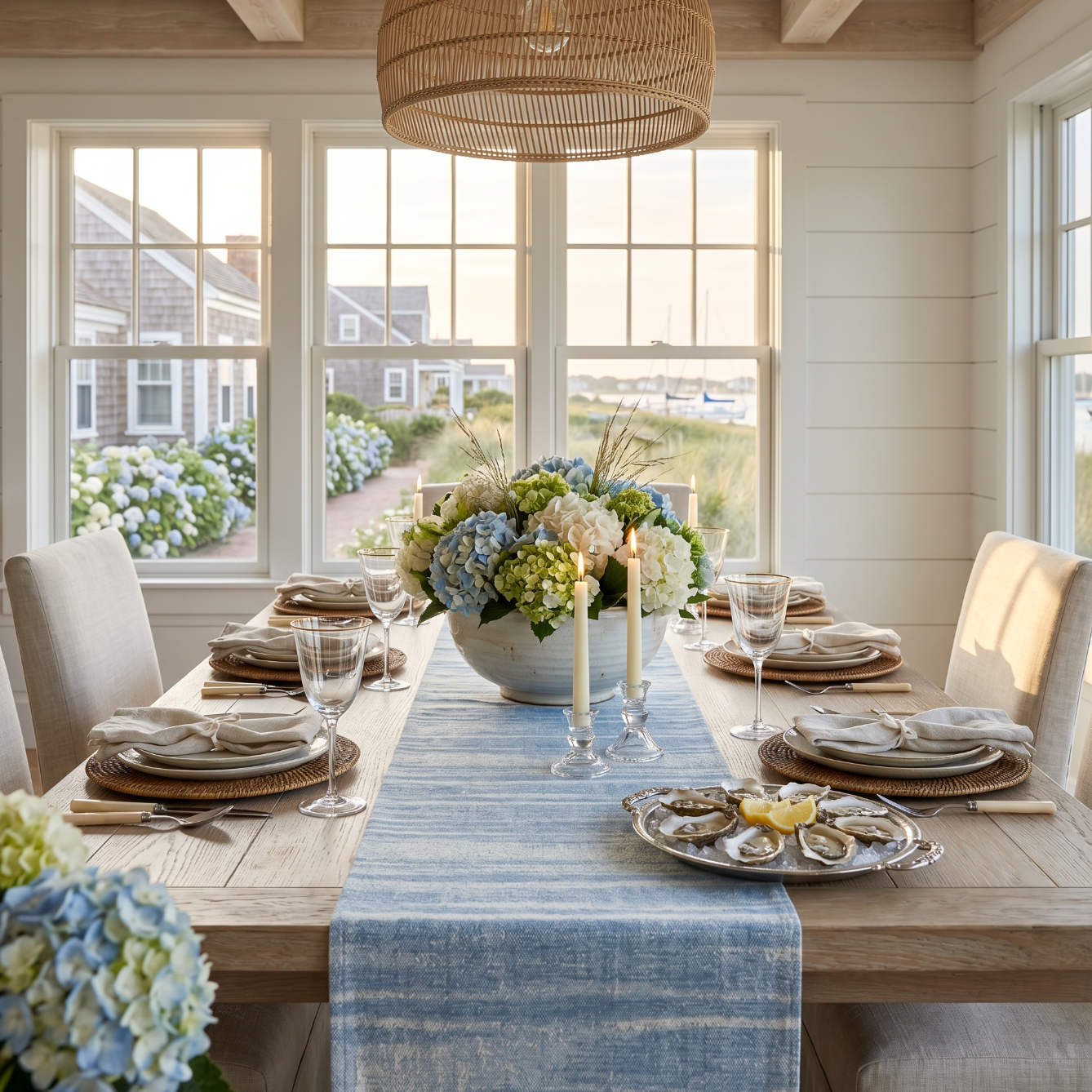 blue washed stripe table runner styled for a beach house coastal dining room