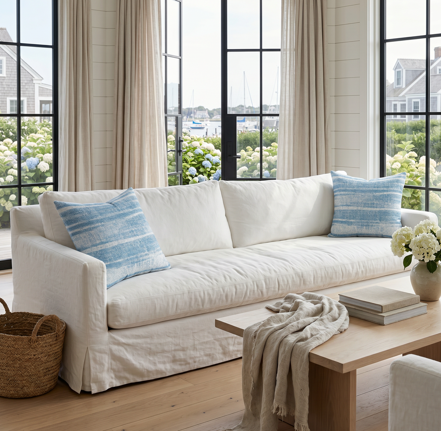 Blue washed stripe throw pillow layered with solid pillows on a coastal sofa