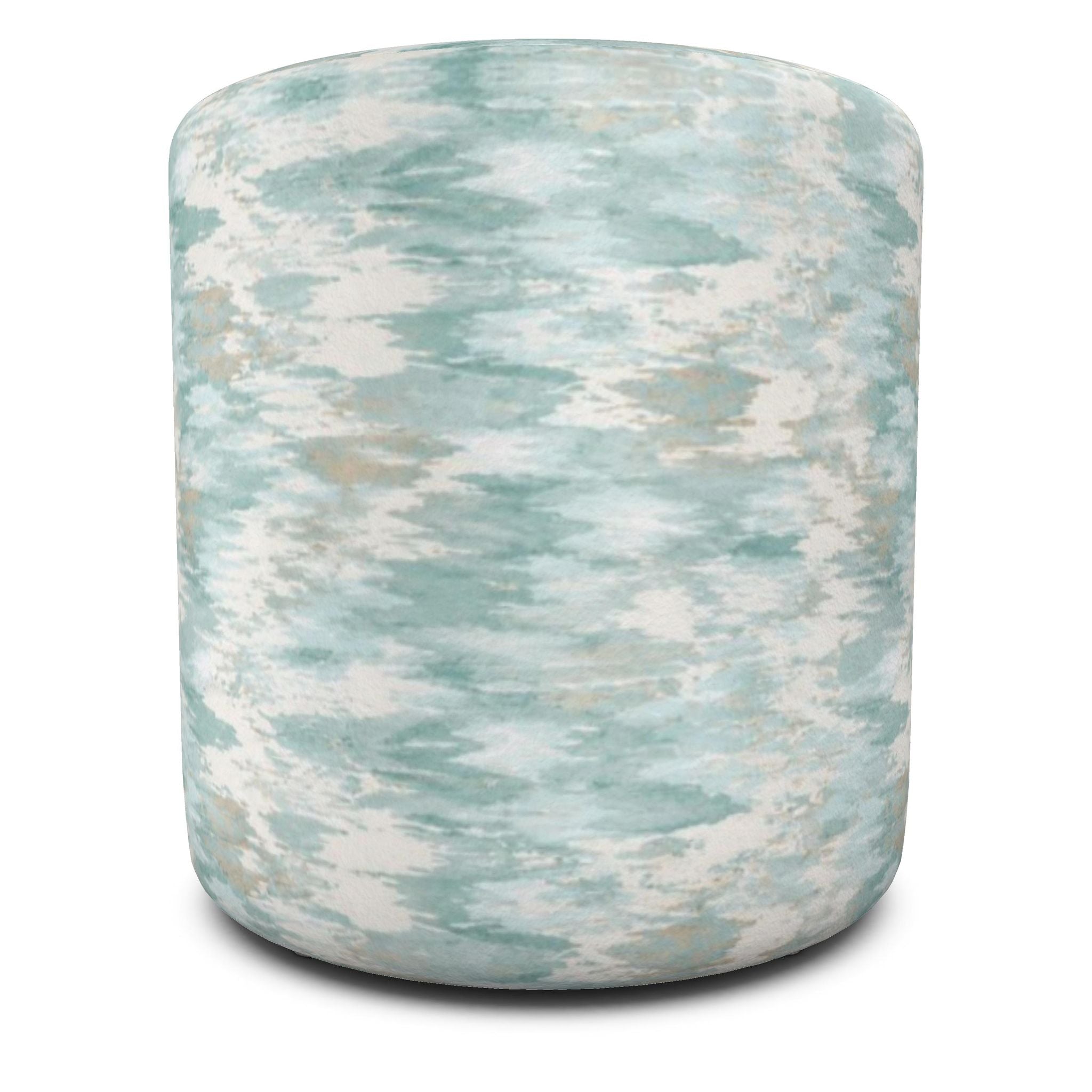 Coastal blue cylinder pouf providing extra seating, a footrest, or a flexible accent piece.
