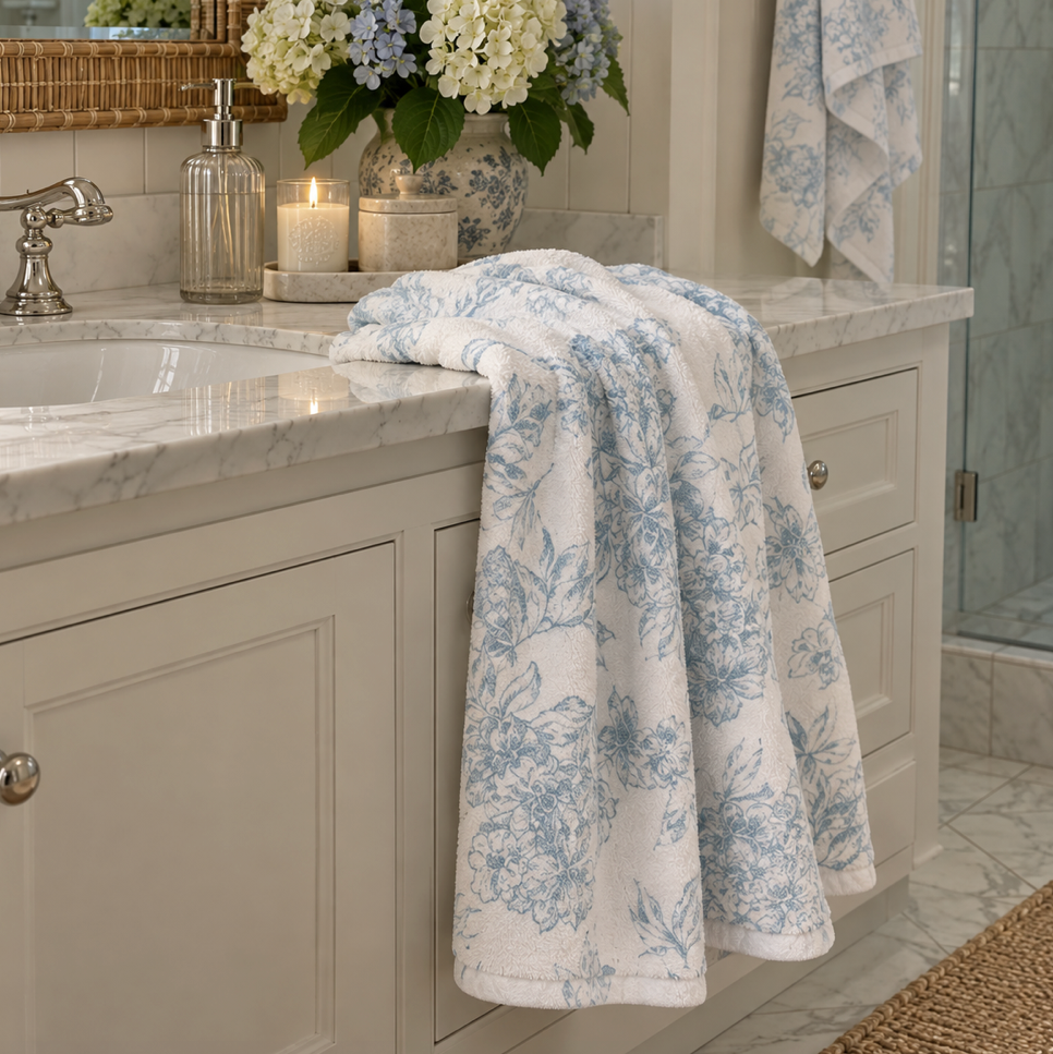 Blue and white botanical bath towel for beach house bathroom styling