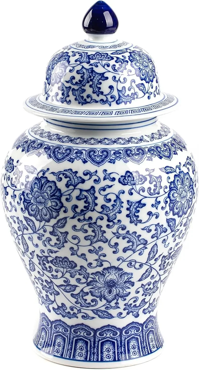Blue and white chinoiserie ginger jar with an ornate floral pattern and domed lid