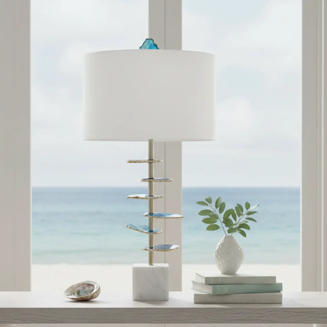 Coastal Blue & White Agate Table Lamp with Marble Base HouseOfZazla