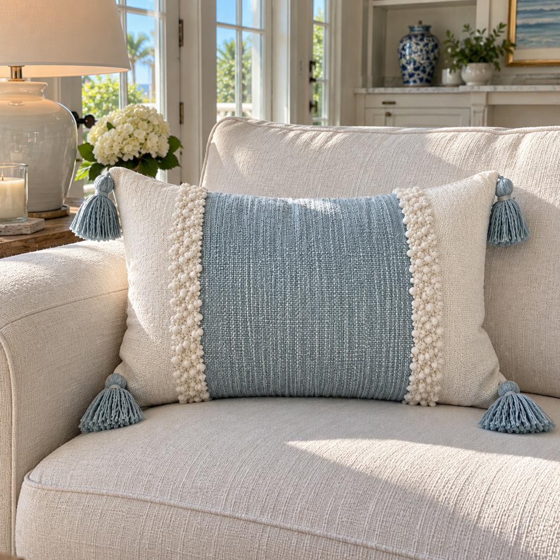 Blue and white coastal lumbar pillow with decorative tassel accents.