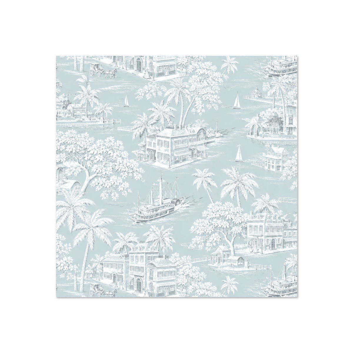 Blue and white coastal toile wallpaper featuring waterfront homes, palm trees, and sailboats.
