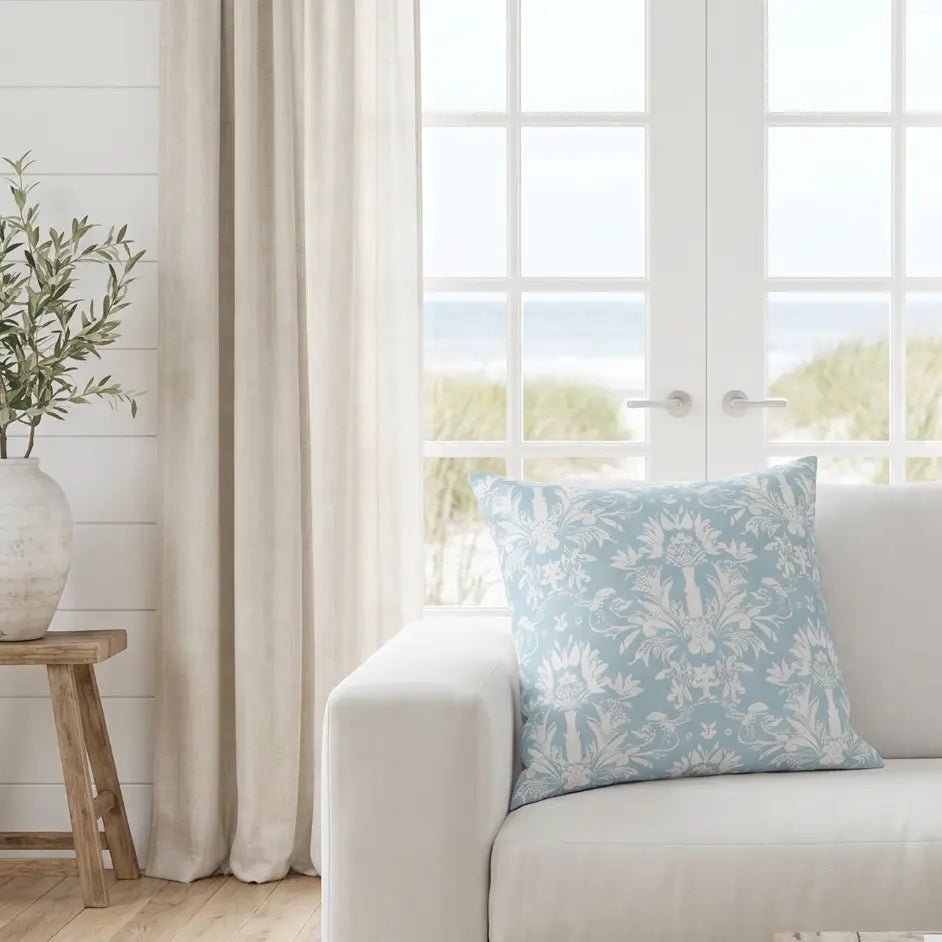 coastal blue and white decorative cushion styled in living room
