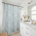 Blue and white damask palm shower curtain with coastal pattern