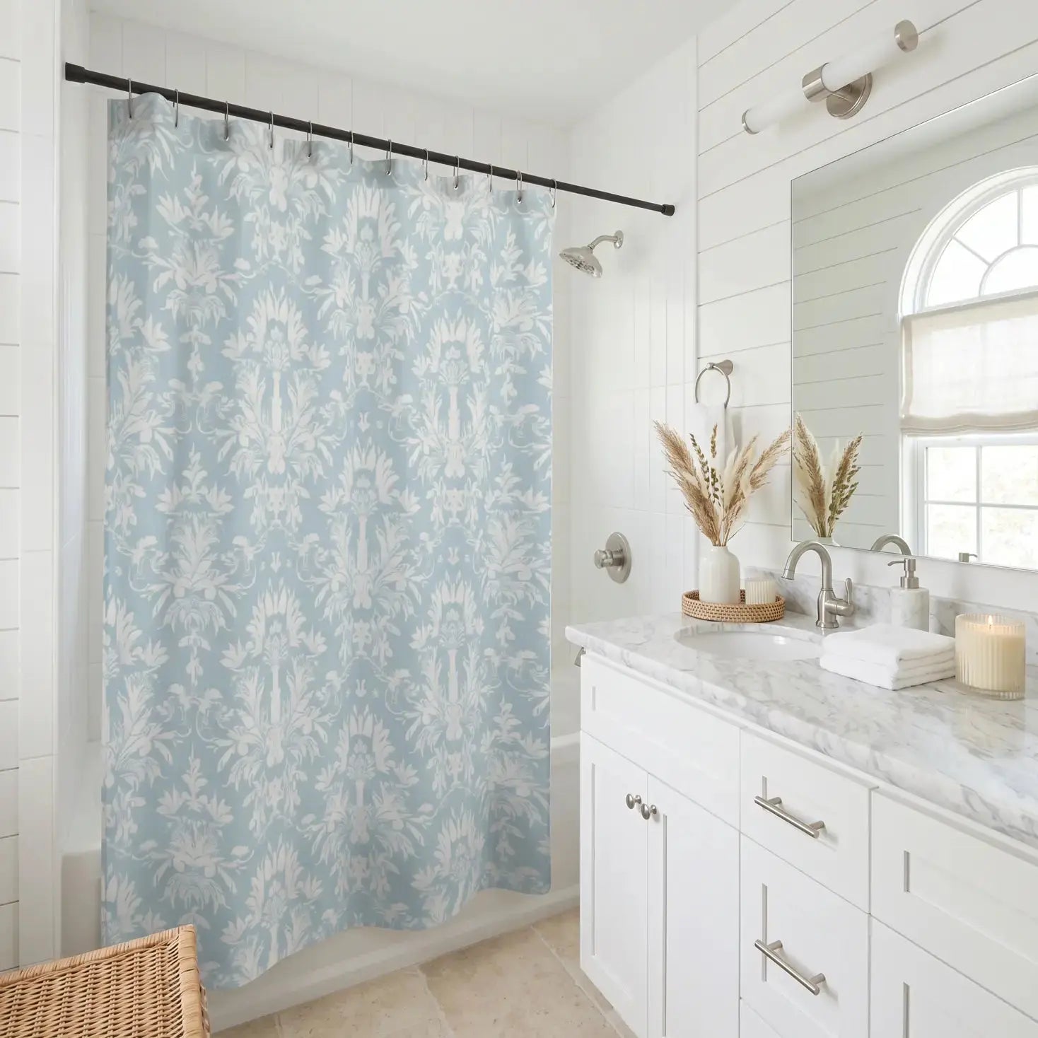 Blue and white damask palm shower curtain with coastal pattern
