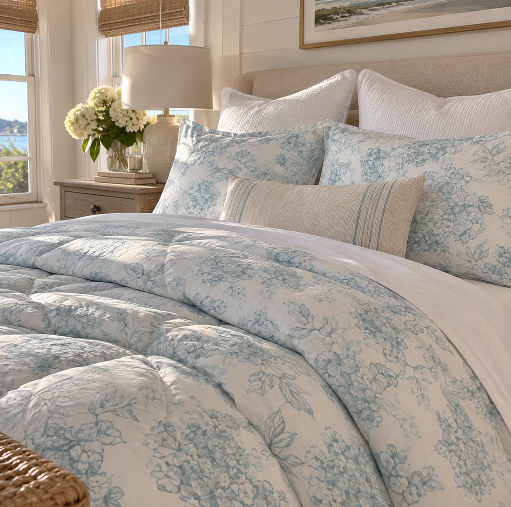 Blue and white floral coastal comforter styled in a bright, elegant bedroom.