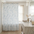 Coastal blue floral bath curtain in a classic blue and white palette