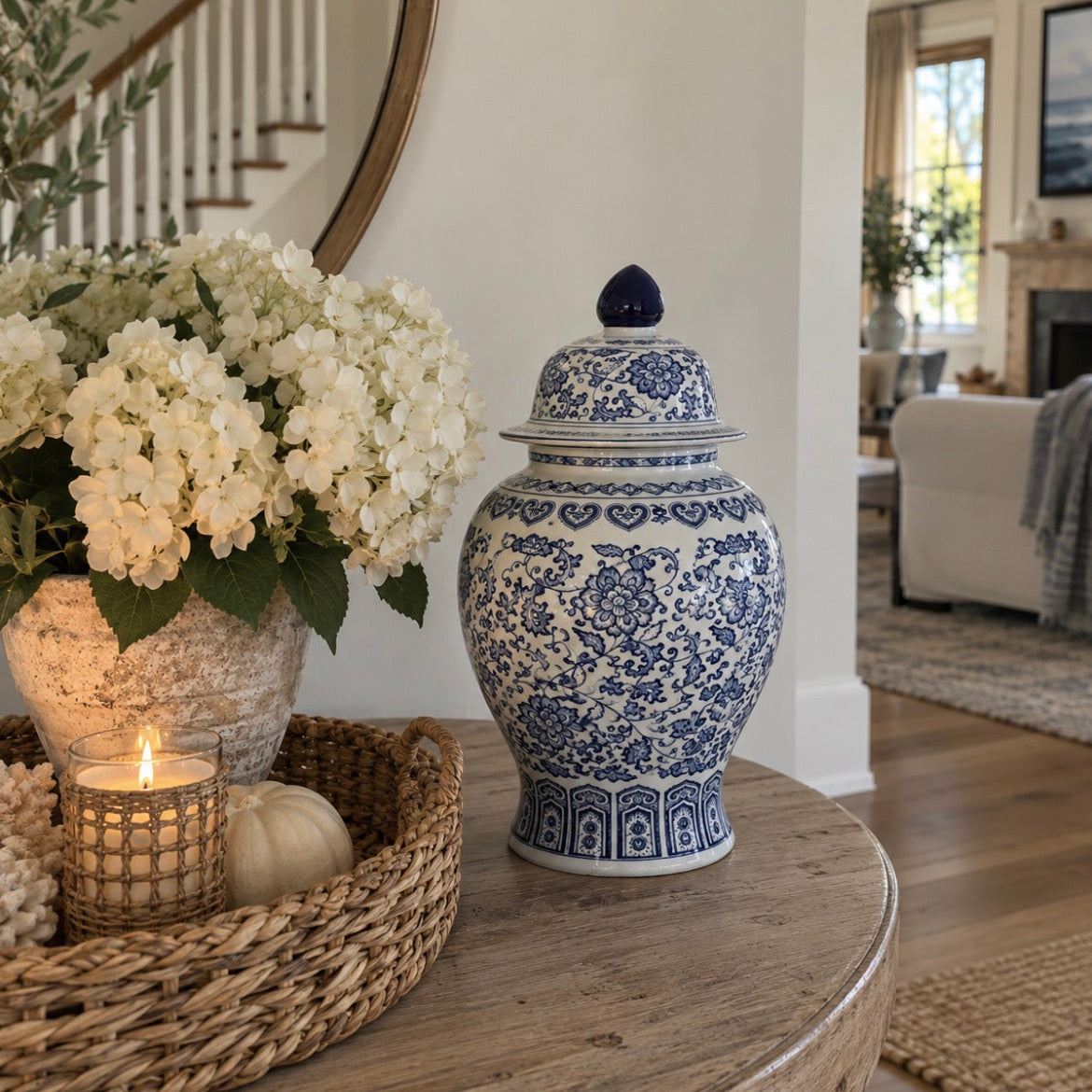 Blue and white floral home decor jar with a traditional chinoiserie-inspired design