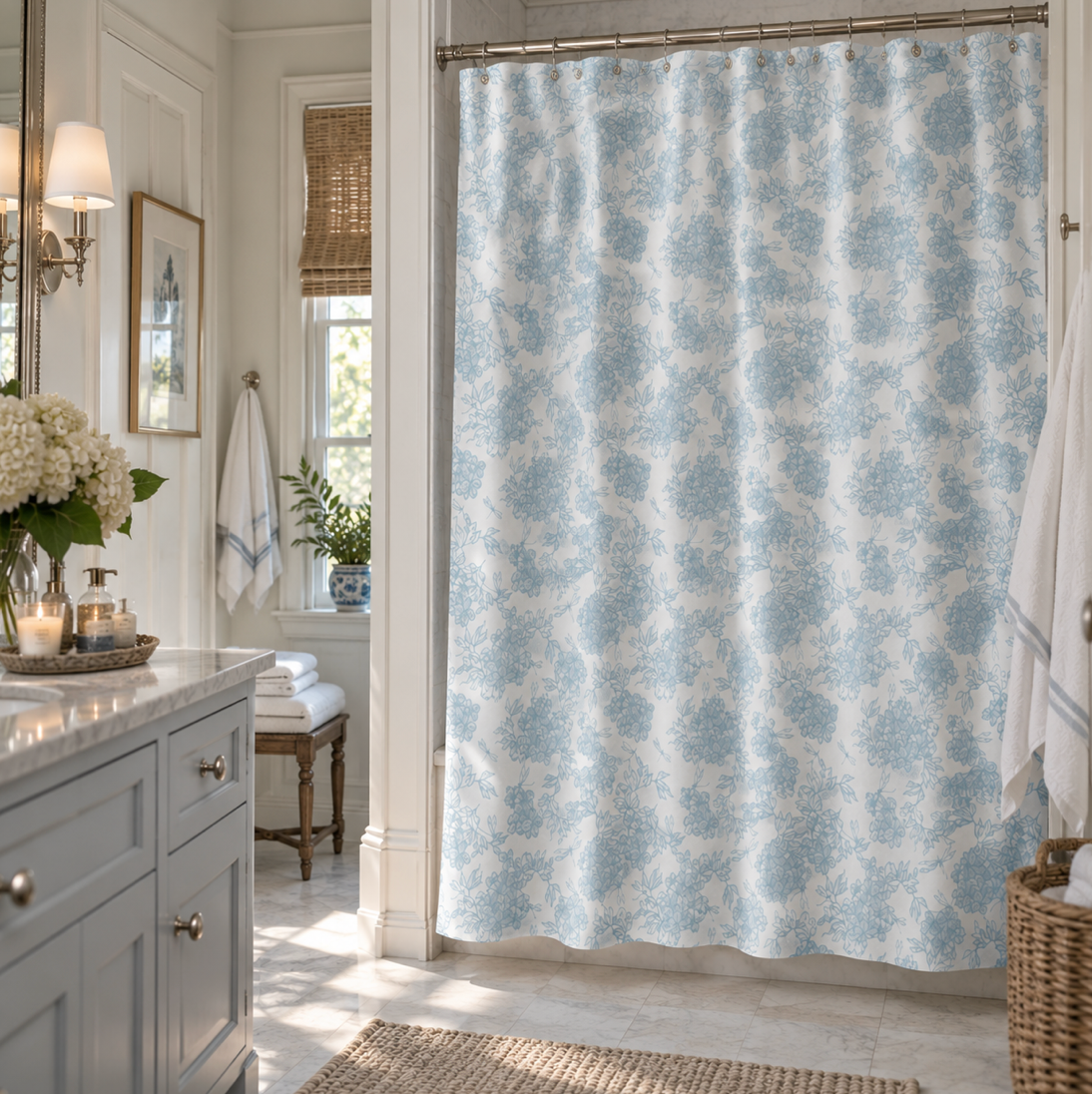 Blue and white floral shower curtain with hydrangea blooms for coastal bathroom décor