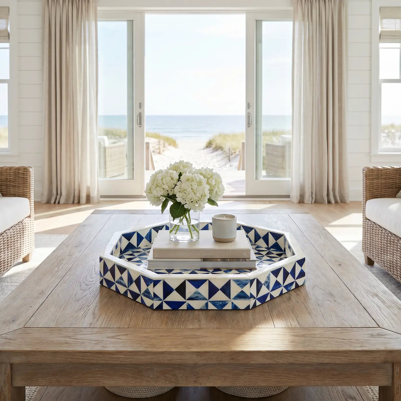 coastal tray holding candles and small decor accents