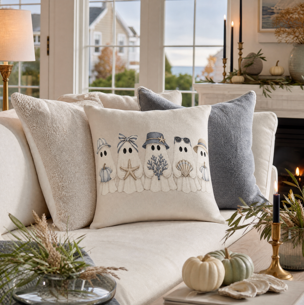 Blue and white Halloween ghost accent pillow for a coastal sofa, chair, or beach house bedroom