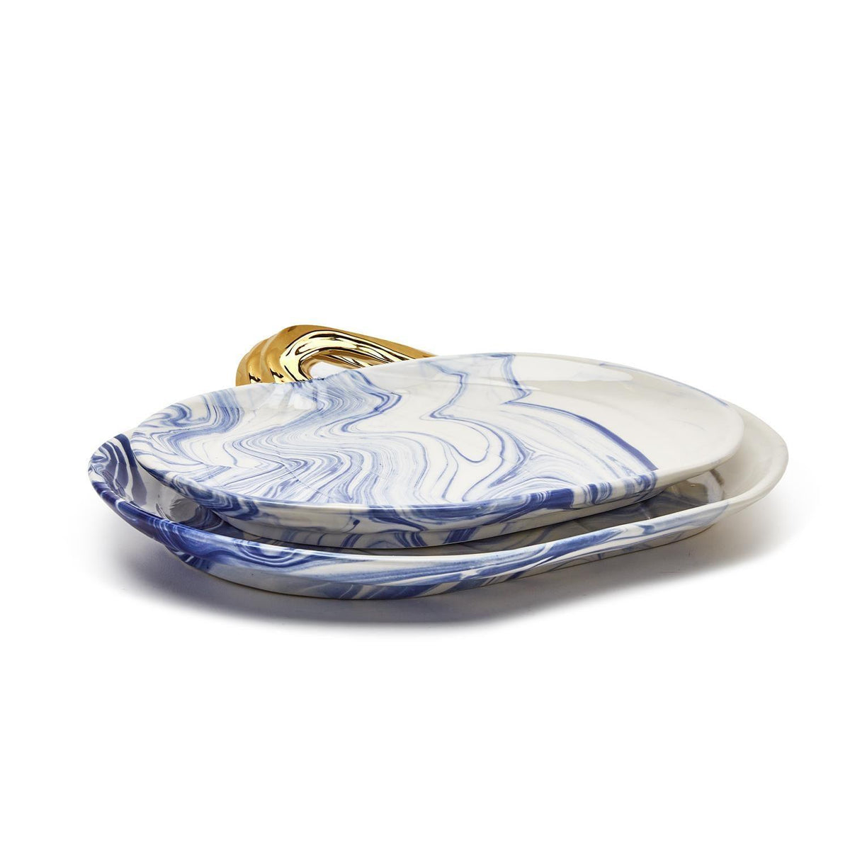 Blue and white harvest pumpkin decor with a swirled ceramic-look finish and gold accent