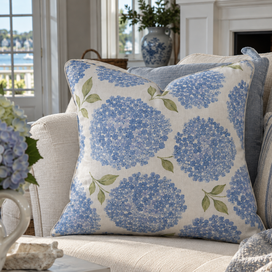 Blue and white hydrangea decorative pillow for a coastal cottage sofa, chair, or guest bedroom
