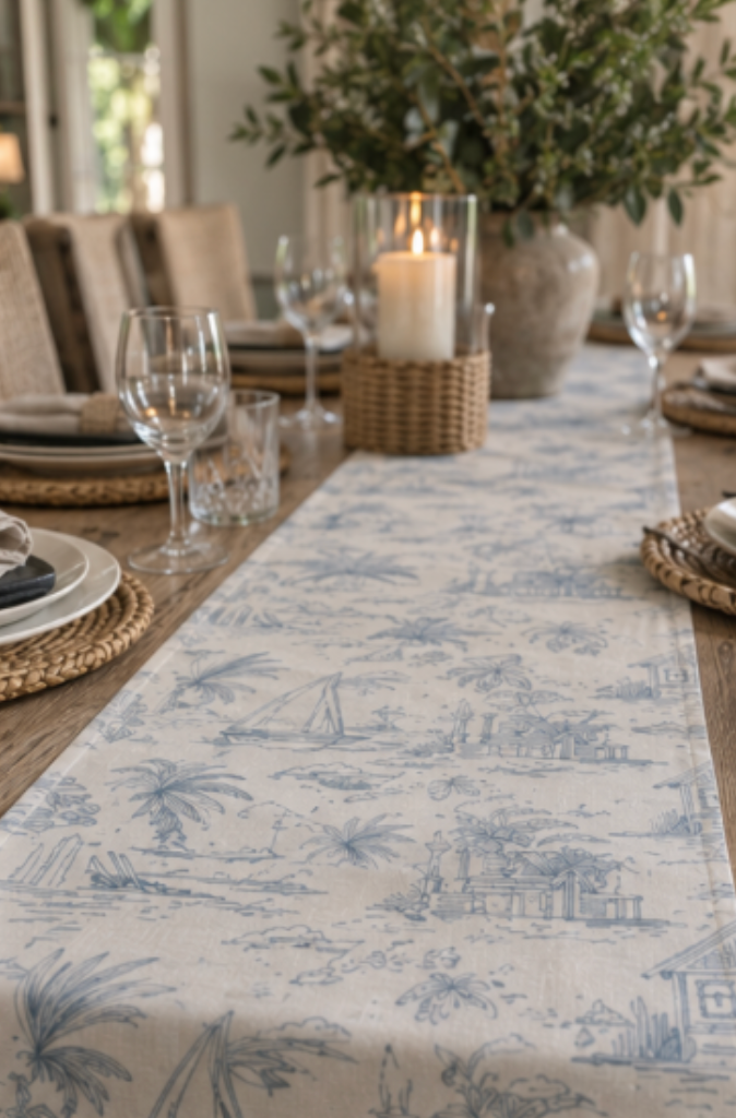 Blue and white lighthouse table runner with sailboats, palms, and coastal village drawings