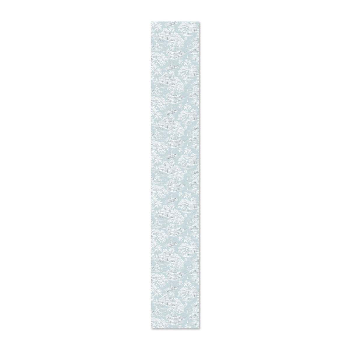 Blue and white palm tree wallpaper with detailed tropical foliage and elegant seaside homes.