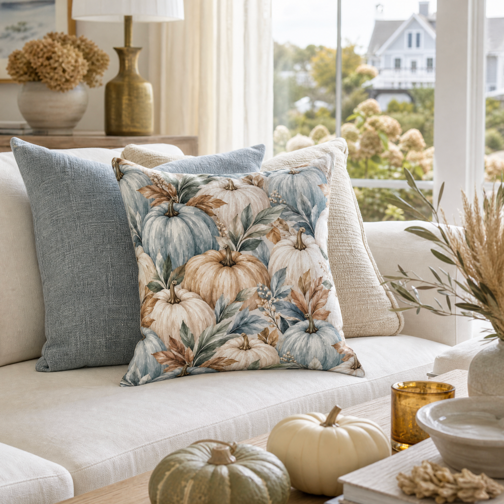 Blue and white pumpkin decorative pillow with soft fall leaves for a neutral autumn living room