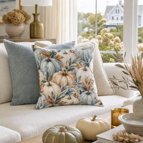 Blue and white pumpkin decorative pillow with soft fall leaves for a neutral autumn living room