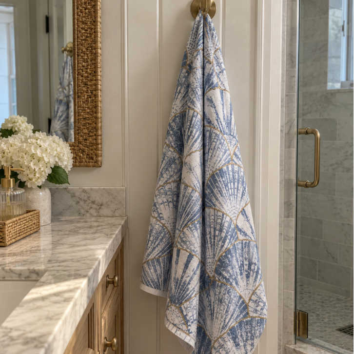 Blue and white seashell bath towel for a coastal bathroom