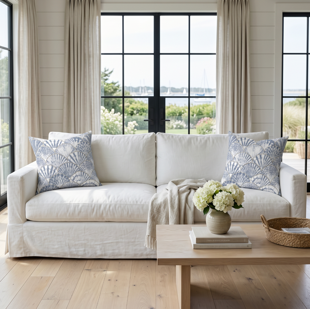 Blue and white seashell throw pillow styled in a beach house living room with natural accents