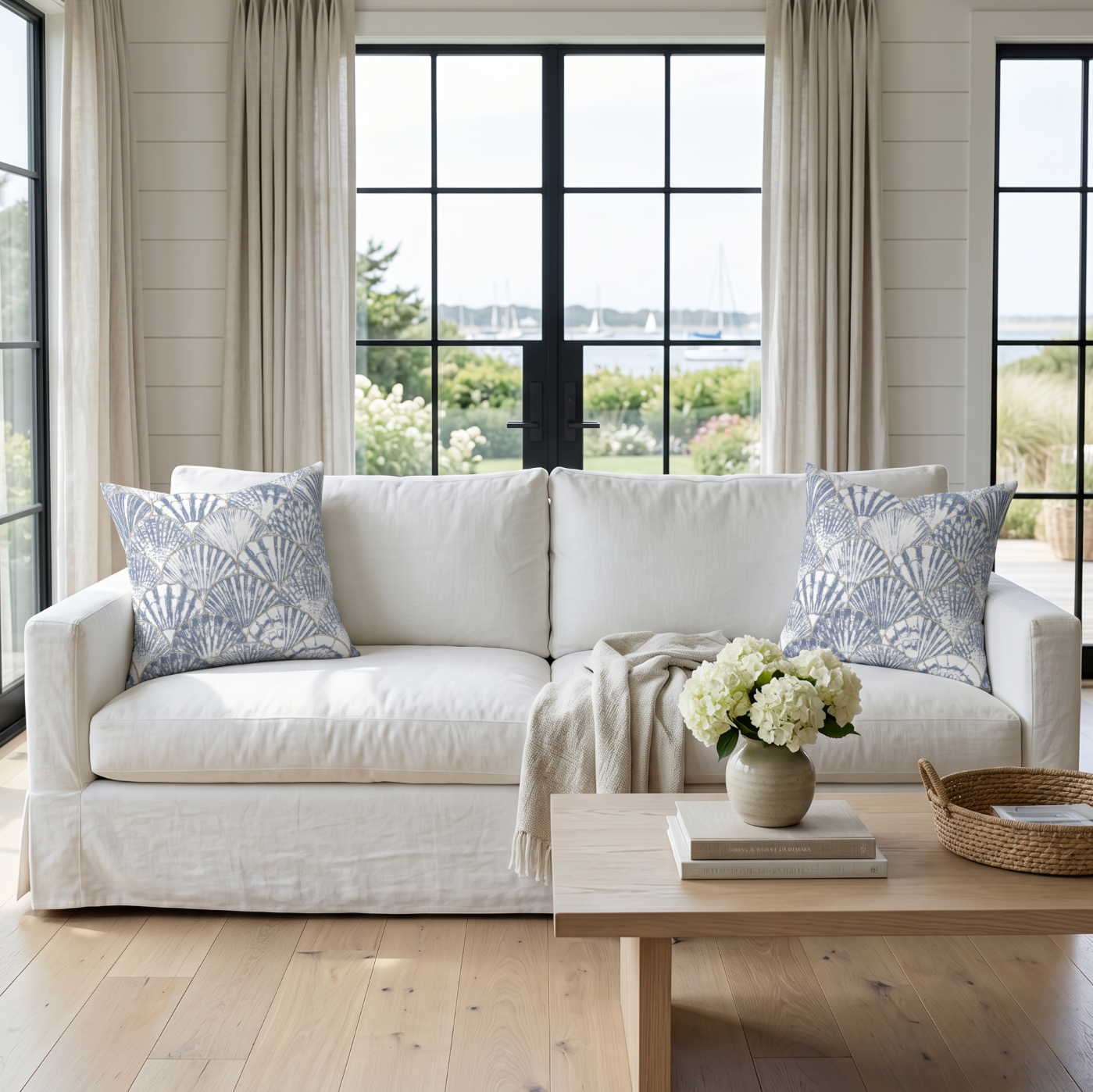 Blue and white seashell throw pillow styled in a beach house living room with natural accents