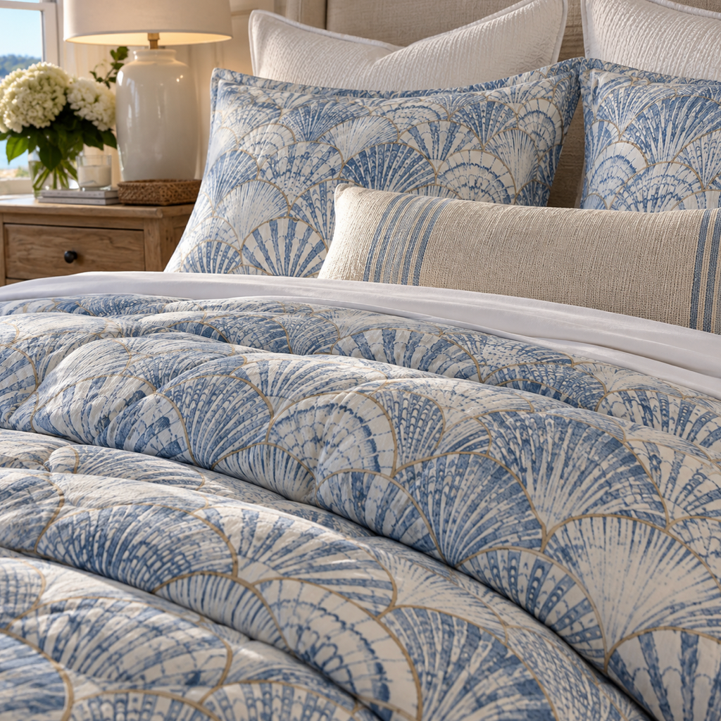 Blue and white shell patterned bedding creating a serene coastal bedroom
