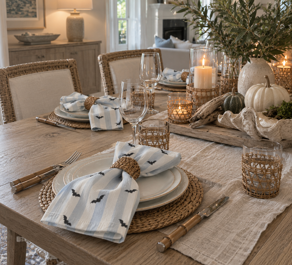 Blue striped bat-print napkins on a rustic wood dining table with pumpkins, candles, and coastal Halloween decor