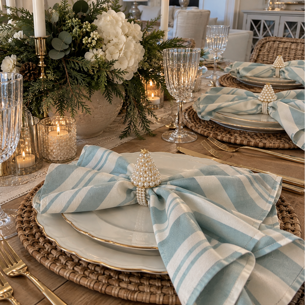 Blue and white striped Christmas linen napkins for a classic holiday table setting.