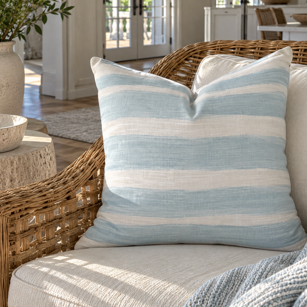 Blue and white striped coastal throw pillow styled on a neutral sofa in a bright beach house.