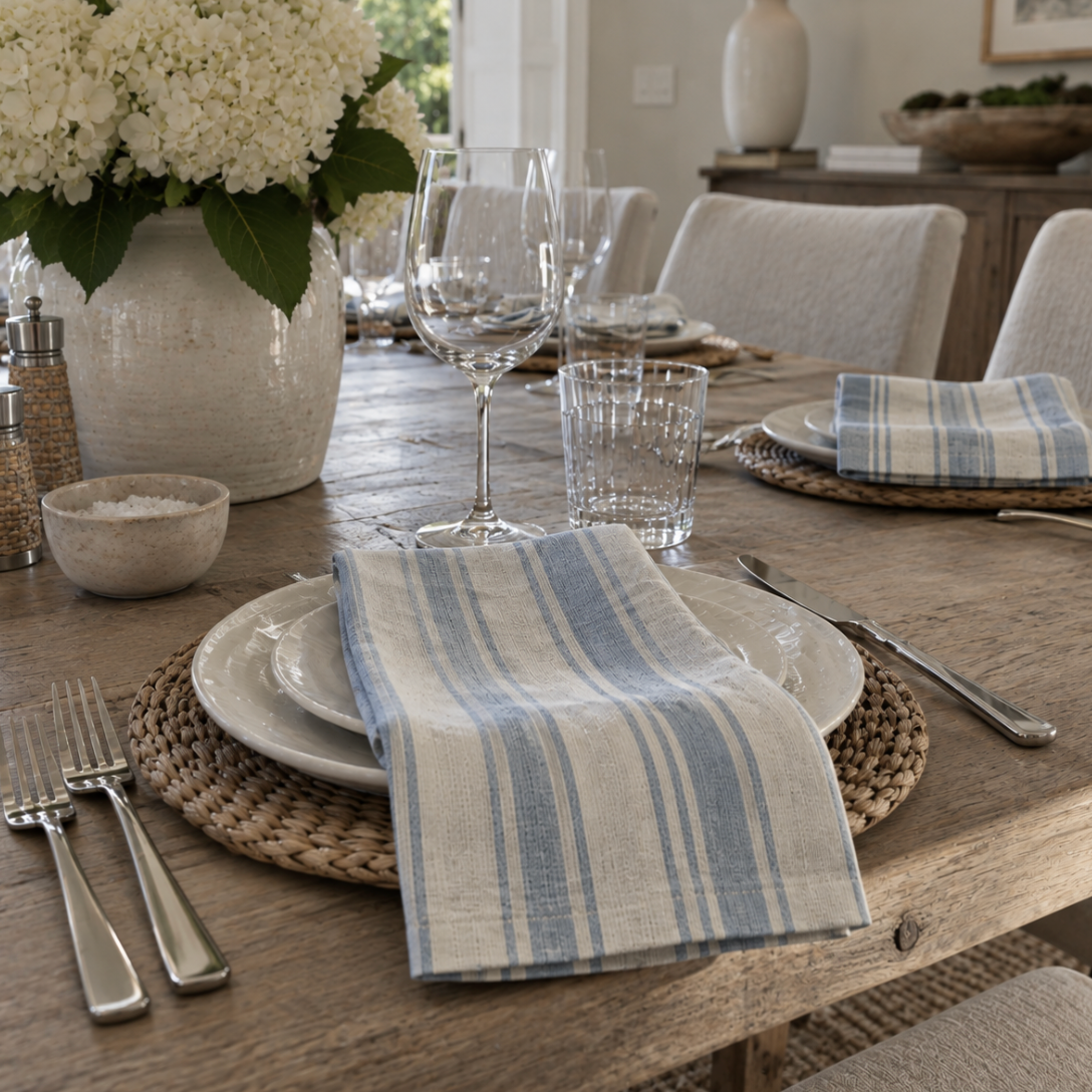 Blue and white striped cloth napkins, set of four, for casual or formal meals